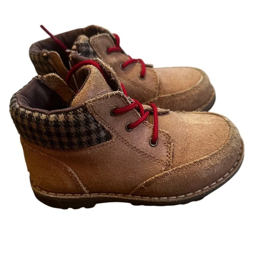 UGG Tan Suede Houndstooth Lace Up Zip Boots Toddler‎ 9